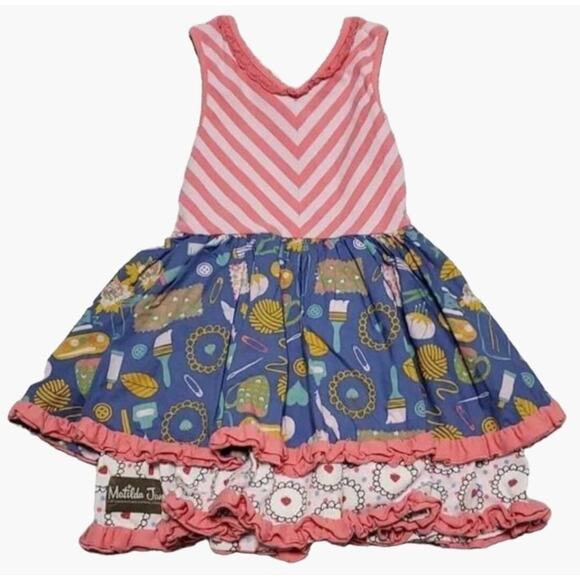 Matilda Jane Girls Size 4 Work of Heart Dress Pink Blue Ruffle Chevron Gorgeous, - Picture 6 of 7